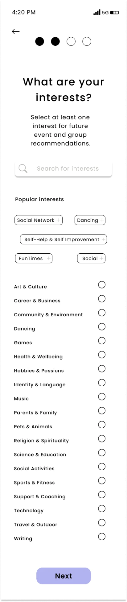GatherUp interest selection screen with popular interest chips and a long list of categories