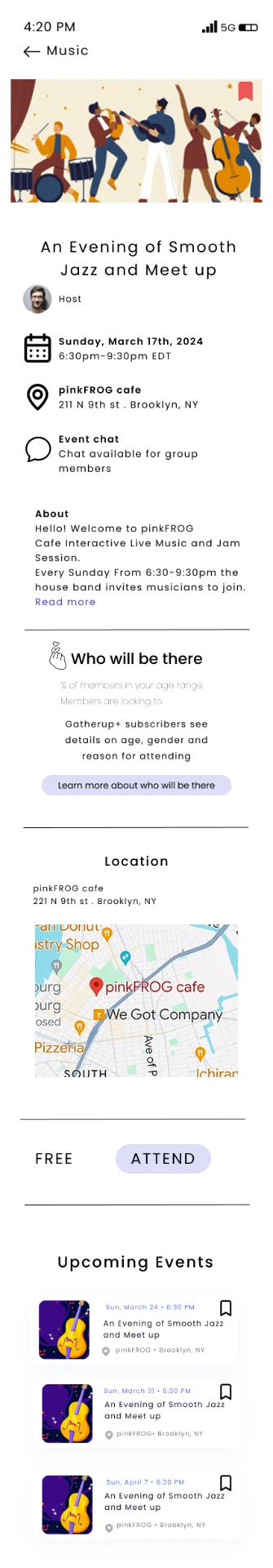 GatherUp event detail screen for a live jazz meet up, with host, date, location, a Who will be there trust module, and an Attend button
