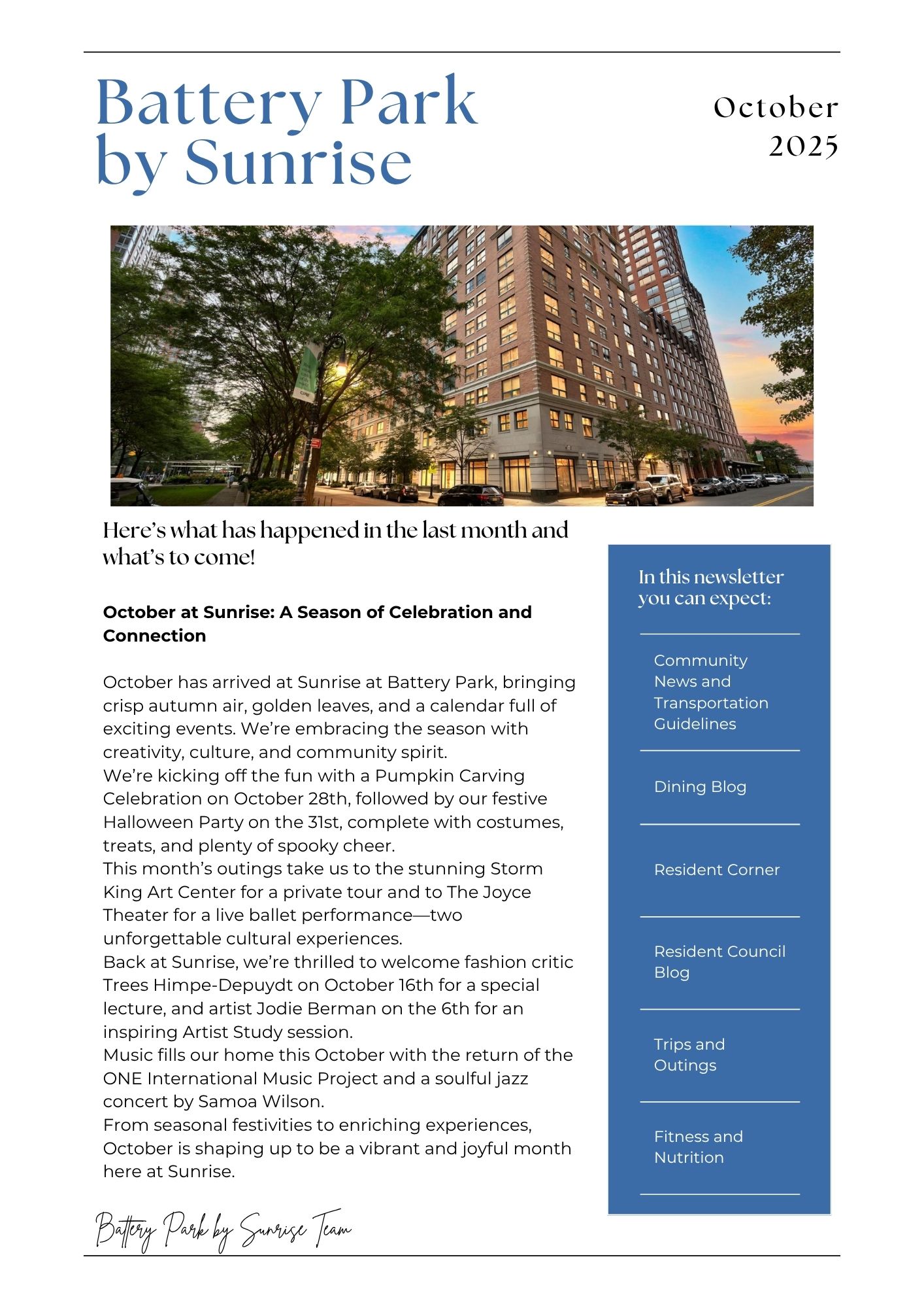 Redesigned newsletter cover with a large serif masthead, full-width building photograph, and a blue contents panel