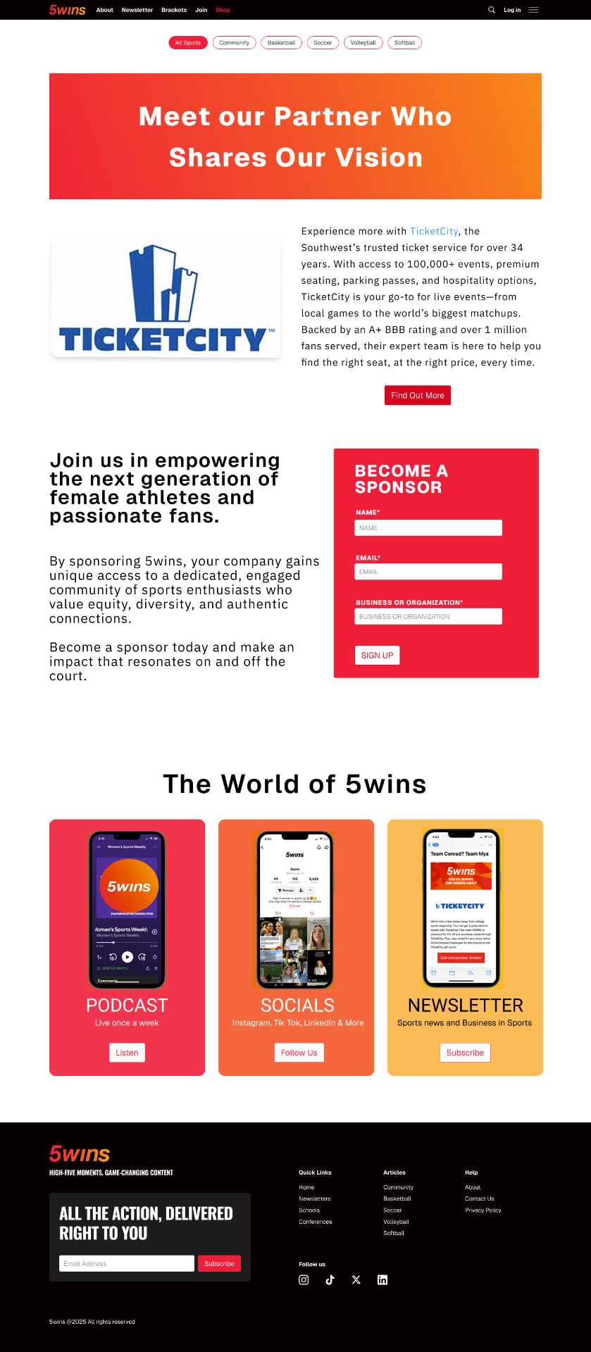 5wins sponsor page showing a partner spotlight, a become-a-sponsor form, and the world of 5wins section