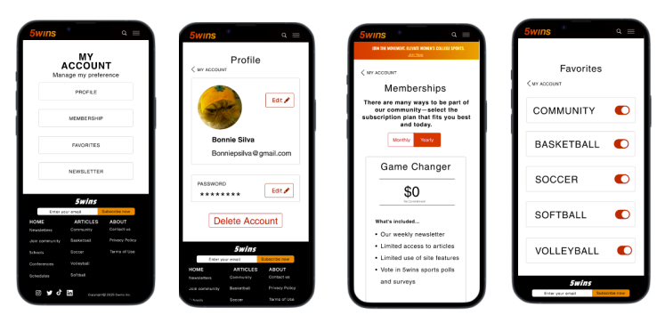 5wins membership and account redesign screens: my account, profile, memberships, favorites