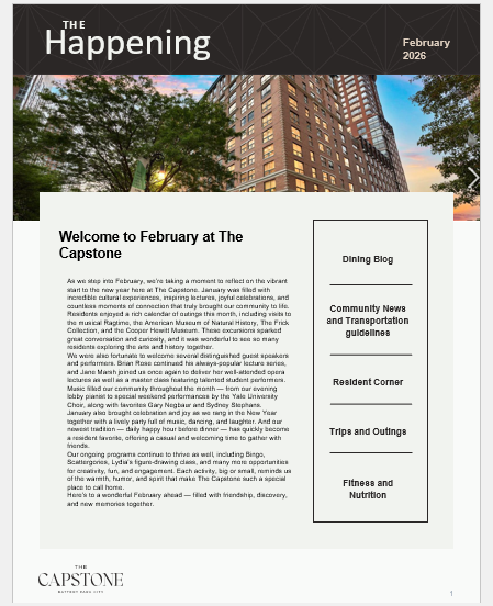 Rebranded Capstone newsletter cover with a large photograph, welcome letter, and a contents panel