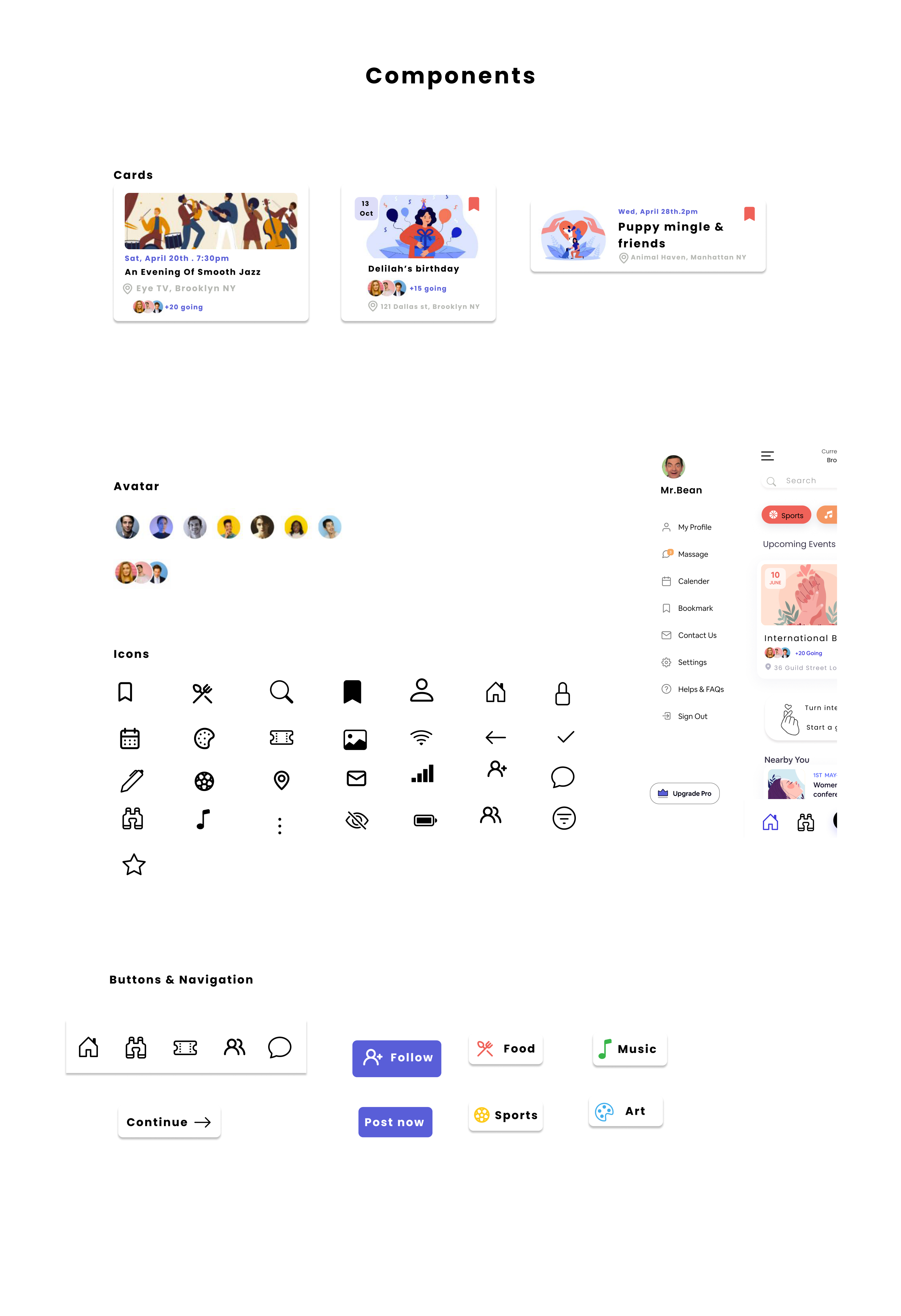 GatherUp UI component library including cards, avatars, icons, buttons, navigation, and tab bar elements