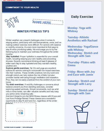 Original newsletter wellness page with small body text and placeholder graphics