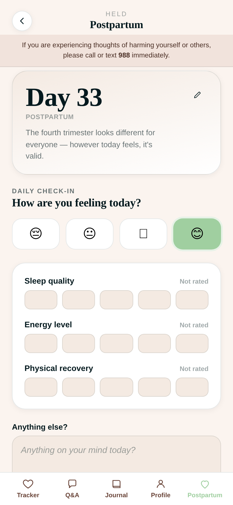 Held postpartum daily check-in screen on day 33