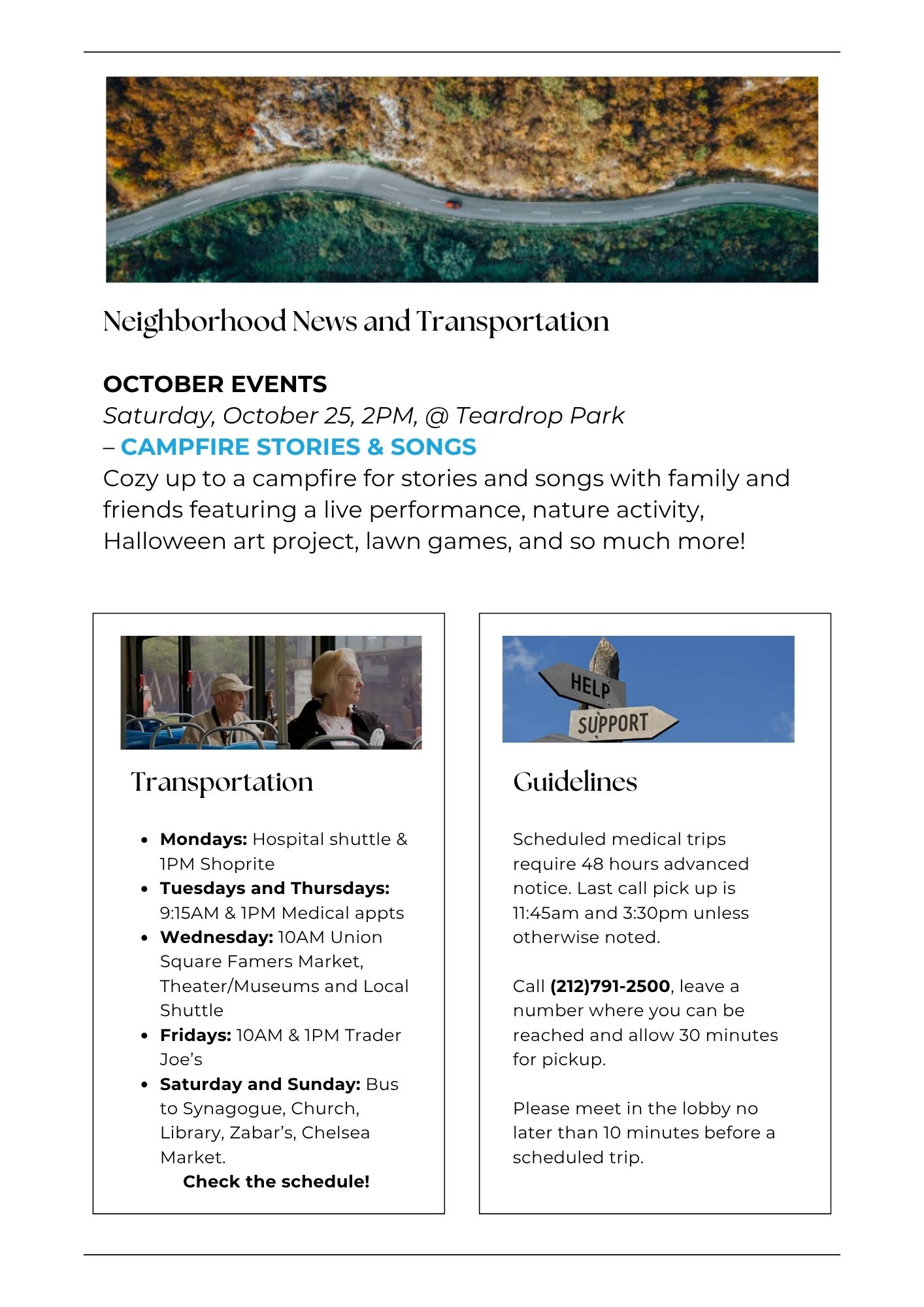 Redesigned newsletter page with a hero image, event highlight, and two bordered cards for transportation and guidelines