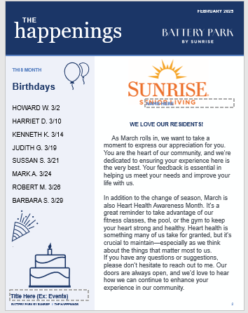 Original PowerPoint newsletter cover page with a dense birthdays list and a welcome letter