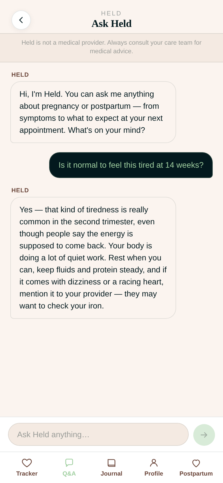 Held AI chat screen answering a question about second-trimester fatigue