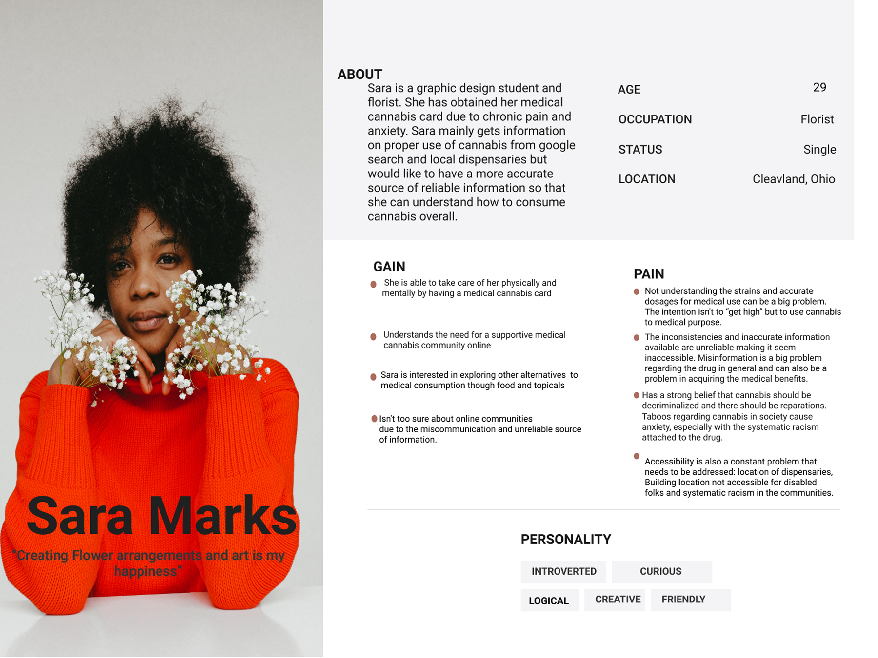 User persona for Sara Marks, a 29-year-old florist and medical cannabis cardholder, with gains, pains, and personality traits