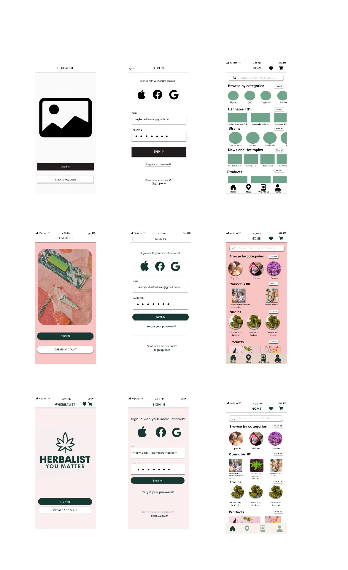 Three rows of Herbalist screens showing the design iterations: greyscale first draft, pink second pass, and the final accessible version