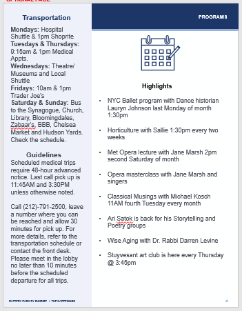 Original newsletter page listing transportation schedules and program highlights in dense text