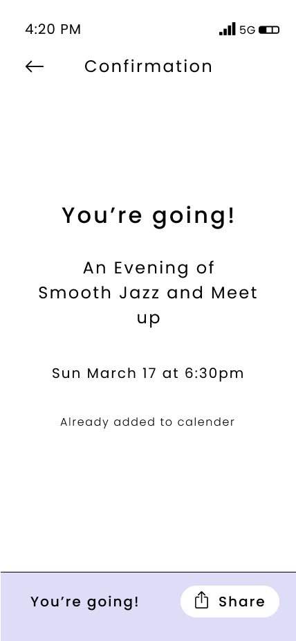 GatherUp confirmation screen reading You're going, with the event name, time, and a Share action