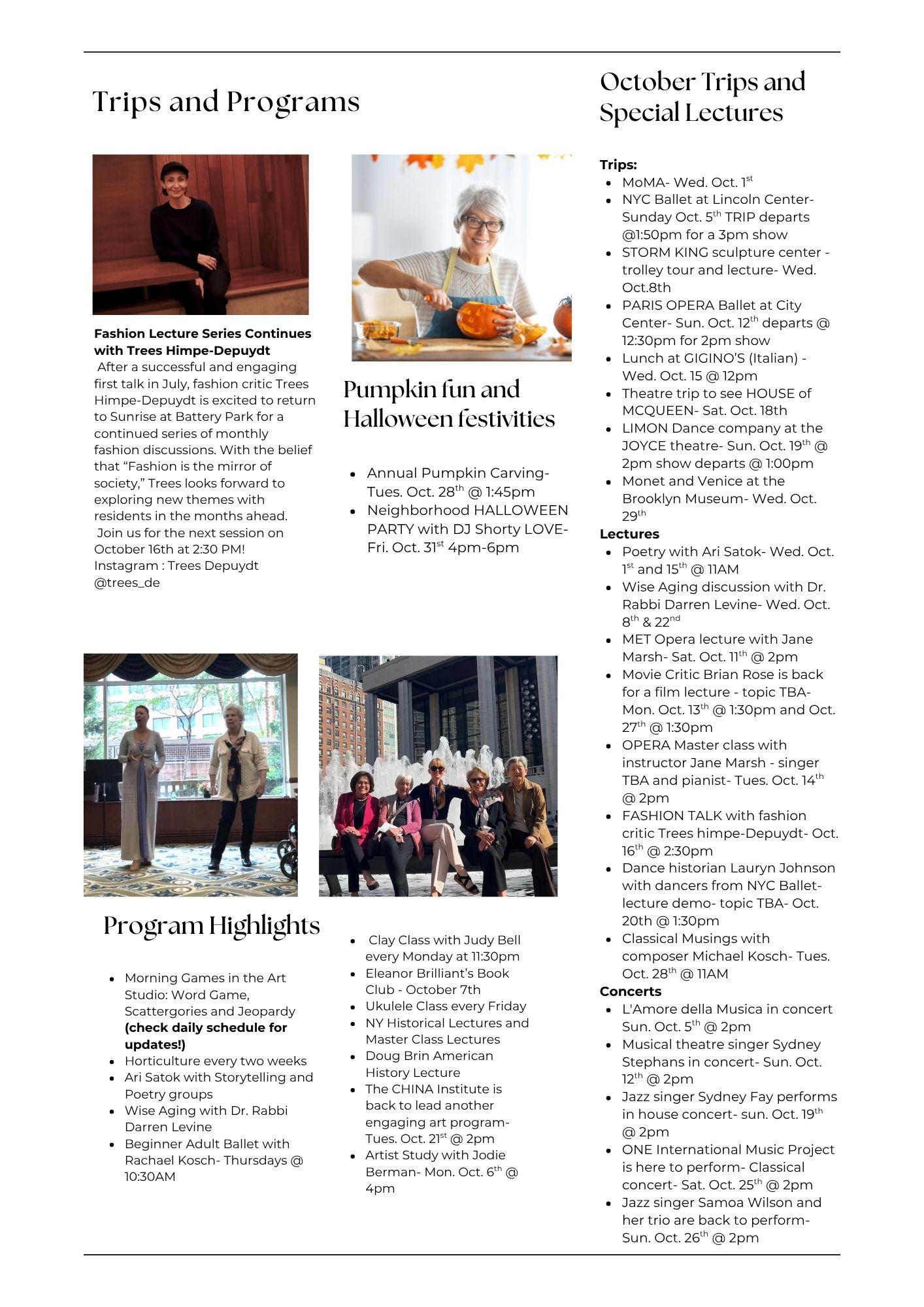 Redesigned trips and programs spread with resident photographs and grouped event listings