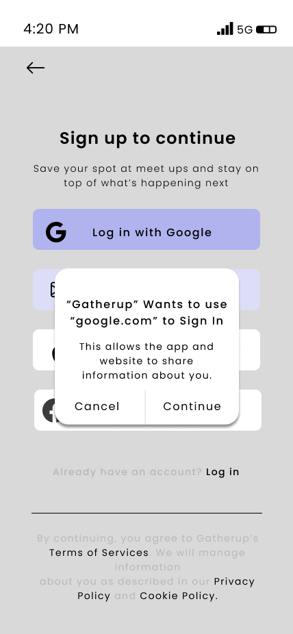 GatherUp sign up screen with social login options and a Google sign-in confirmation dialog